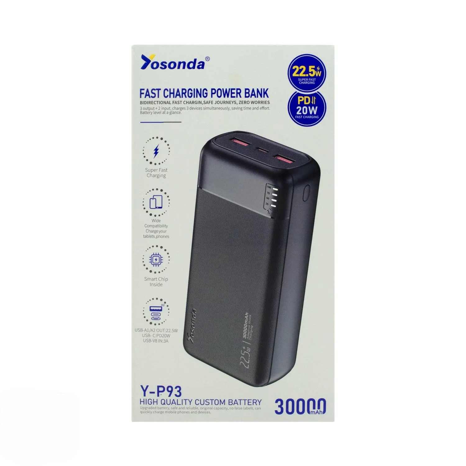 پاوربانک 30 هزار Yosonda مدل Y-P93 22.5W